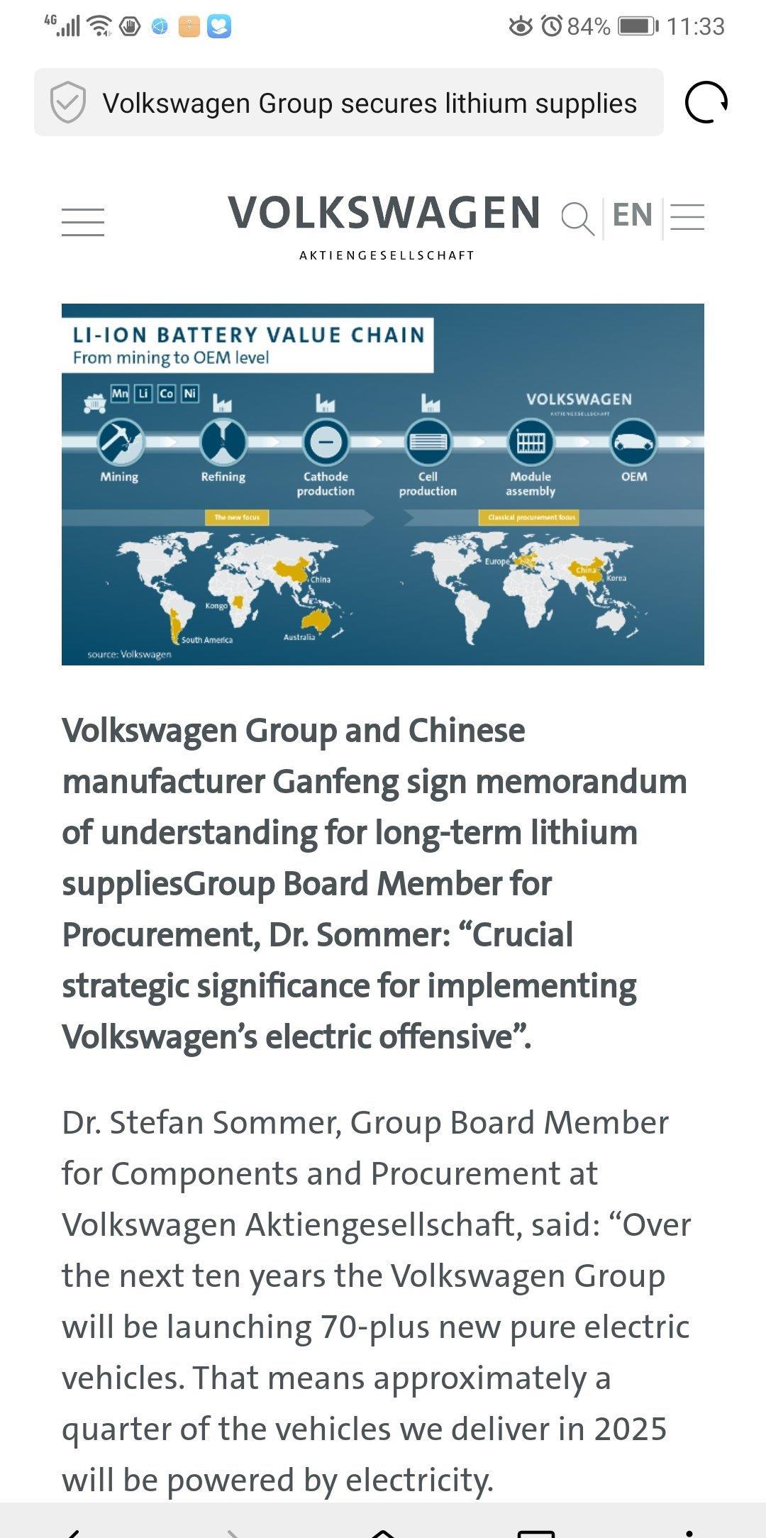 大众官网公示的与赣锋签署长期供货的有道翻译文: 大众集团与中国制造