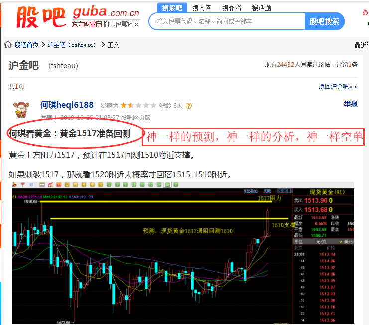 何琪看黄金 神一样预测 神一样的黄金1517空单 黄金 Huangjin 股吧