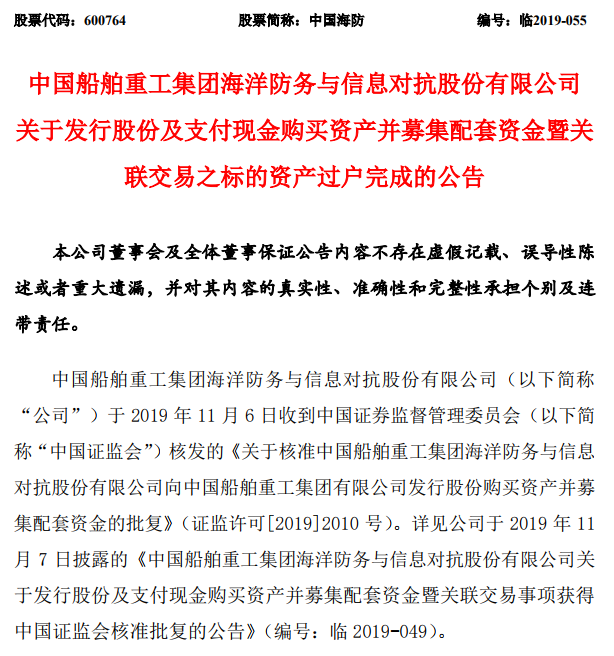 中国海防重组资产已经过户包袱已经正式背上下跌开始