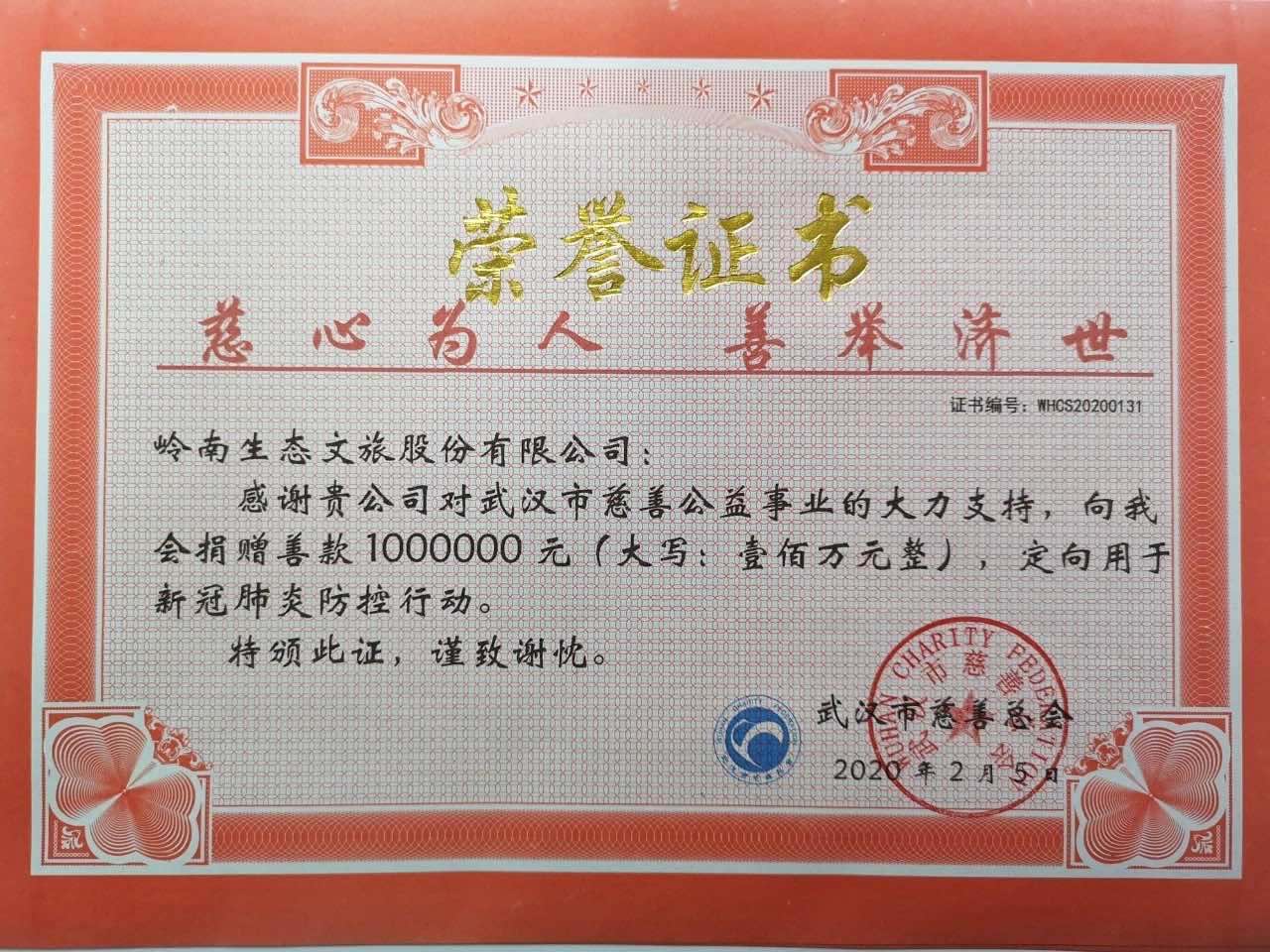 岭南股份捐赠武汉慈善总会100万[赞][赞][赞]