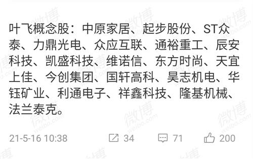 叶飞概念股出炉