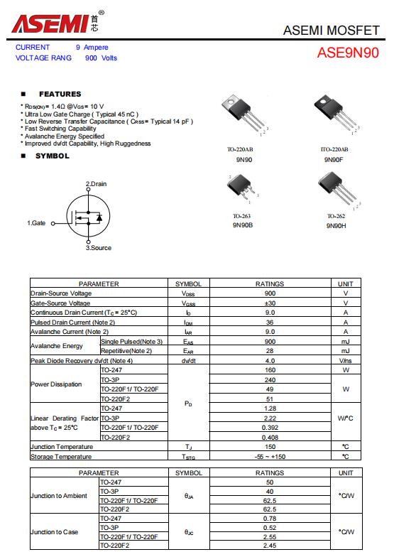 asemi的mos管9n90参数9n90电路图9n90实物图