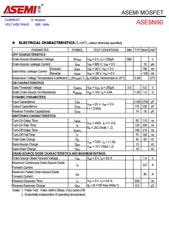 asemi的mos管9n90参数9n90电路图9n90实物图
