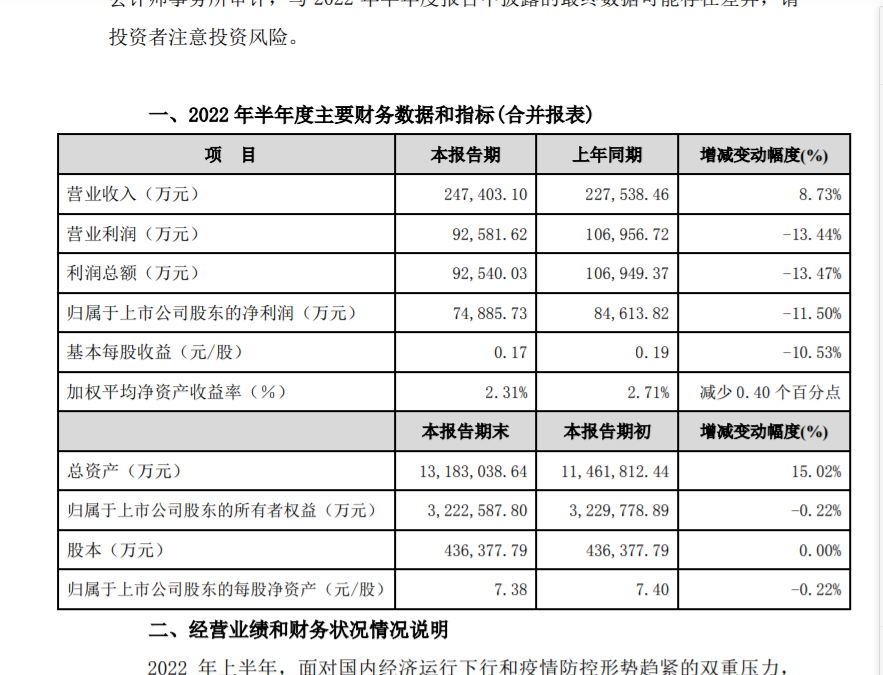 請特別提示:本公告所載 2022 年半年度的財務數據僅為初步核算數據