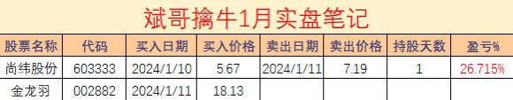 實盤第2天1月11日尚緯股份金龍羽