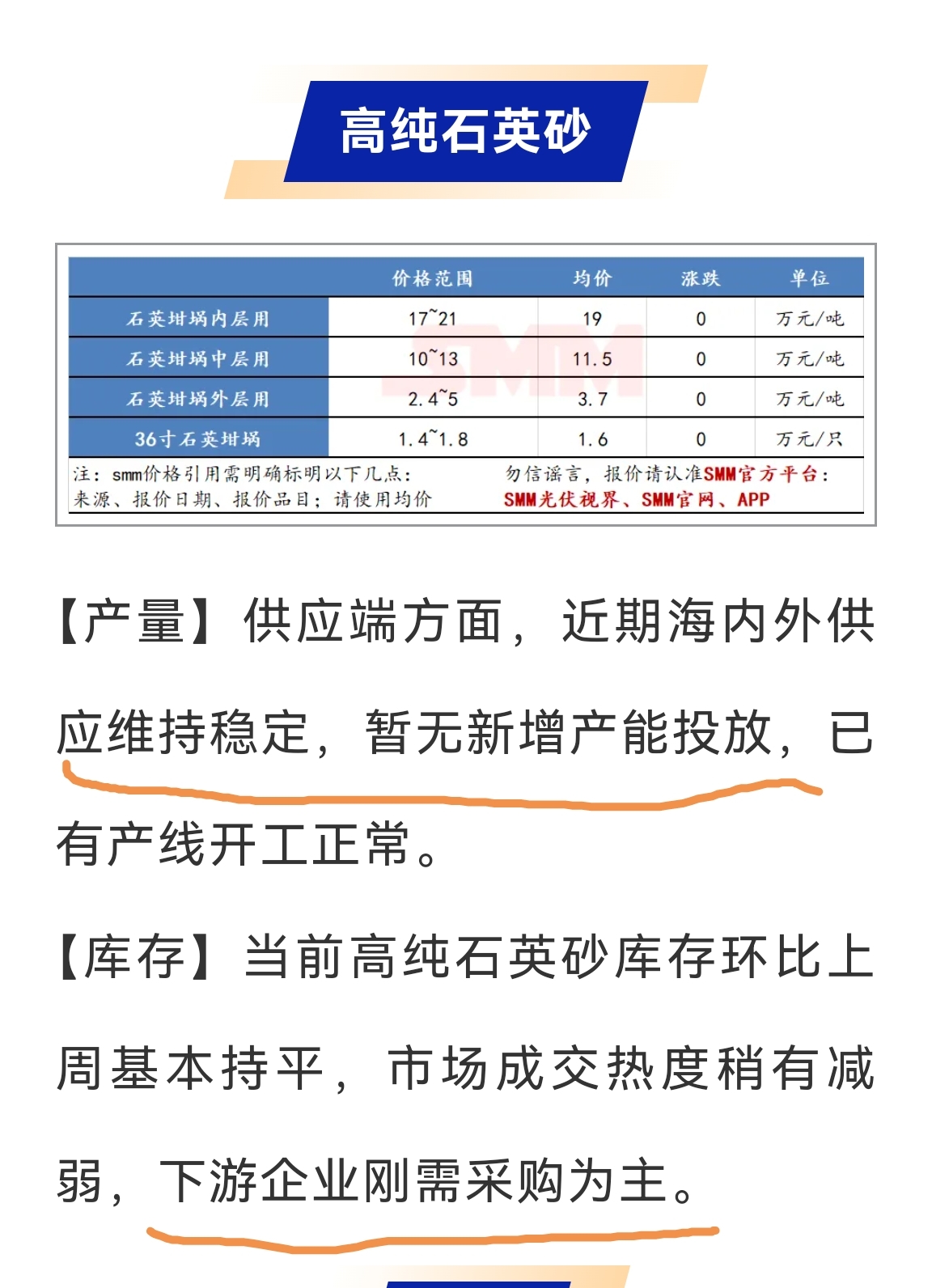 【高纯石英砂会议纪要】价格:本周高纯石英砂价格稳定,国内内层砂价格