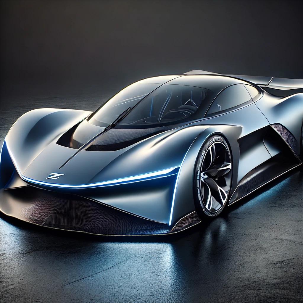 A sleek, futuristic electric supercar design concept for a Zotye brand vehicle. The car features a low and wide front profile with a fully enclosed grille for improved aerodynamics. The headlights are slim LED strips that span the width of the front, giving it a high-tech appearance. The body has smooth, flowing lines with a prominent side profile that rises from the front wheel arches to the rear, emphasizing a powerful and muscular stance. The roof is made of carbon fiber for a lightweight look, and the car has large 20-22 inch lightweight alloy wheels with high-performance tires. The rear of the car features a continuous LED taillight strip that mirrors the front design, a large diffuser for stability, and an adjustable rear spoiler. The car is painted in a metallic, deep blue finish with black accents. The Zotye brand's emblem, a metallic silver Z with a black background, is prominently displayed on the front hood, replacing the previous logo, and on the rear, designed to glow at night.