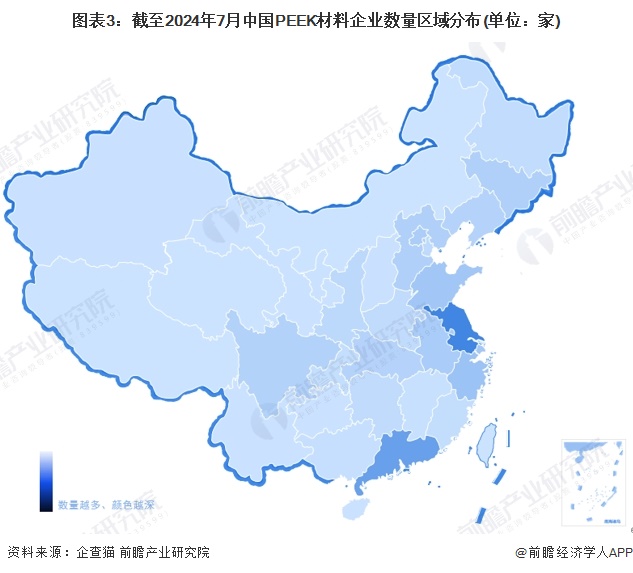 图表3：截至2024年7月中国PEEK材料企业数量区域分布(单位：家)