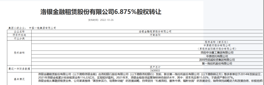 央企一拖股份再卖洛银金租，“搭售”中原银行股权