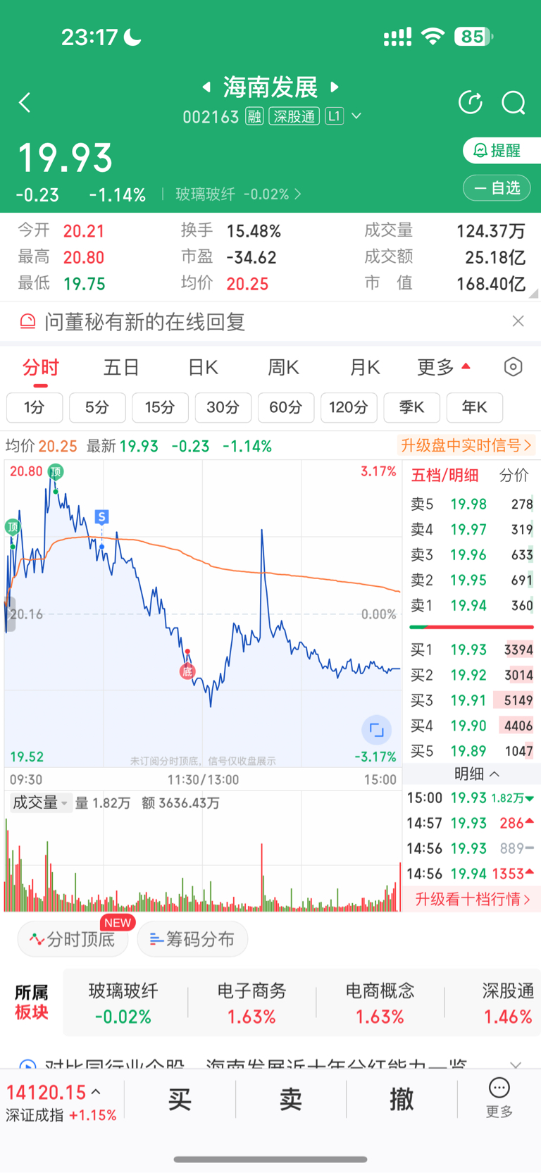 早上开盘10分钟主力3万手多单打进去拉升股价，随后1万手空单筹码派发发现承接较弱