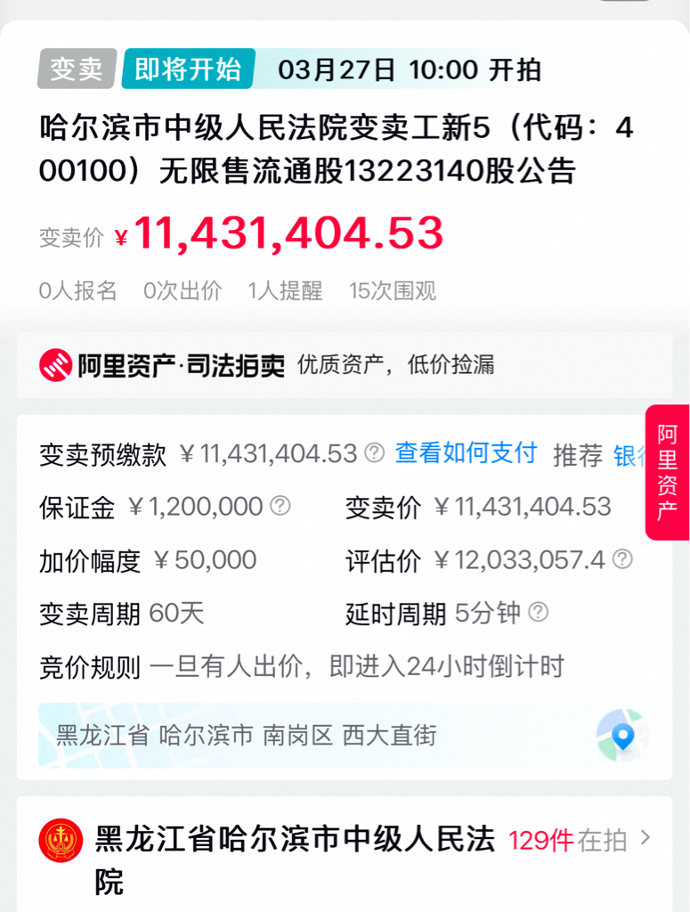 哈尔滨市中级人民法院变卖工新5（代码：400100）无限售流通股13223140_工新5(400100)股吧_东方财富网股吧