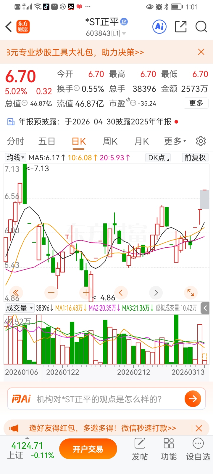 正平只要连续五板就会引起整个sT市场资金关注，加油，兄弟们。_*ST正平(603843)股吧_东方财富网股吧